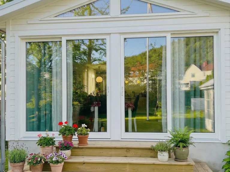 miljöbild av expowood 115 trä-alu glaspartier i villa fasad. 2-delat skjutparti vit