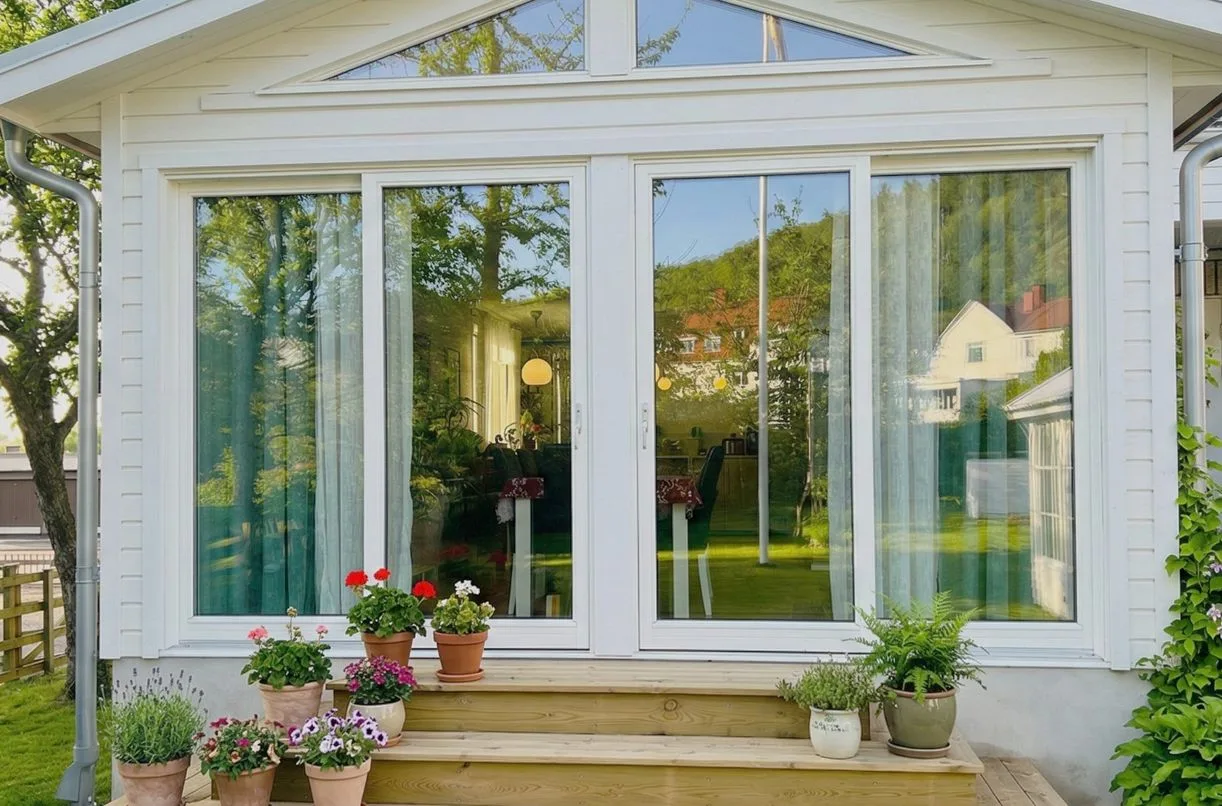 miljöbild av expowood 115 trä-alu glaspartier i villa fasad. 2-delat skjutparti vit