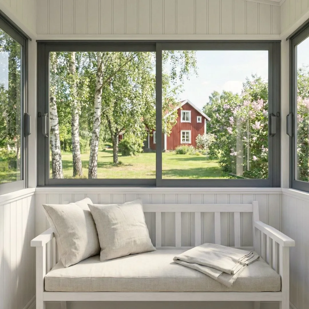 produktbild av twin light skjutfönster 2-del standard grå i uterumsmiljö med grönskande trädgård i bakgrunden