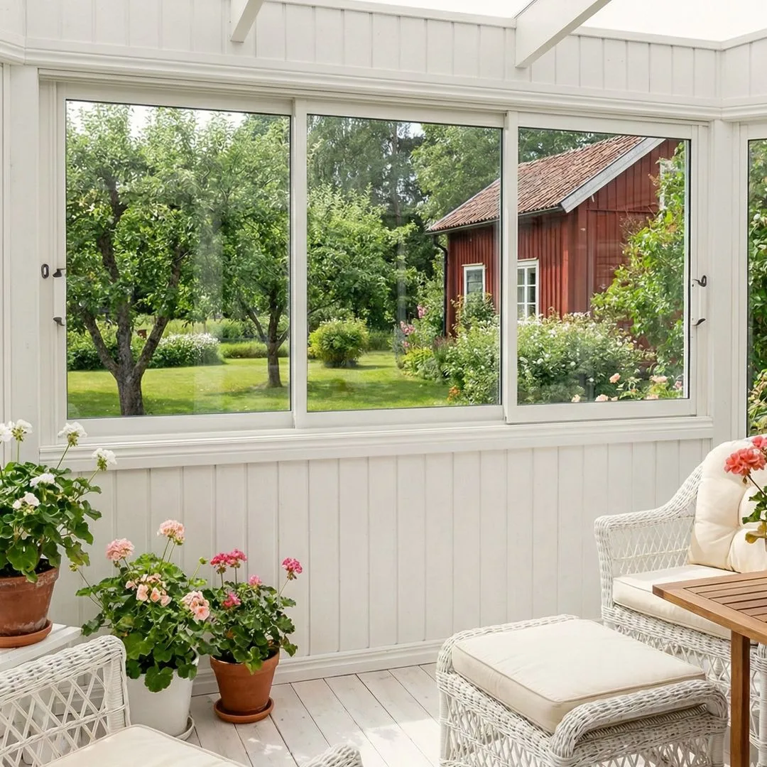 produktbild av twin light skjutfönster 3-del standard vit i uterumsmiljö med grönskande trädgård i bakgrunden