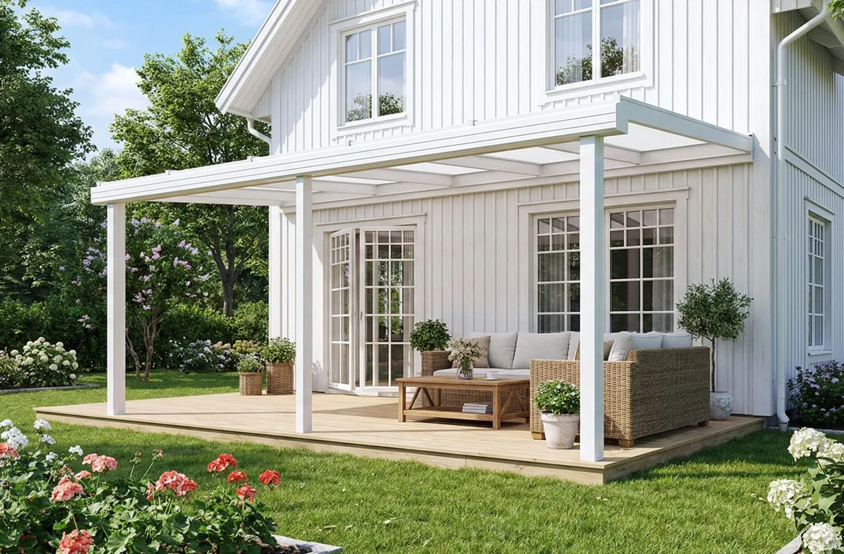 expodul uterum skärmtak altantak vit aluminiumstomme exal nordic 140 med kanalplasttak