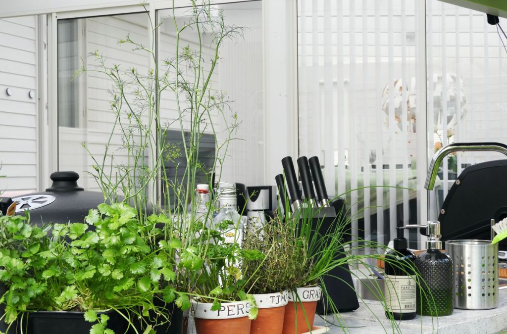 närbild av ett inrett utekök i samband med ett inglasat uterum från expodul uterum