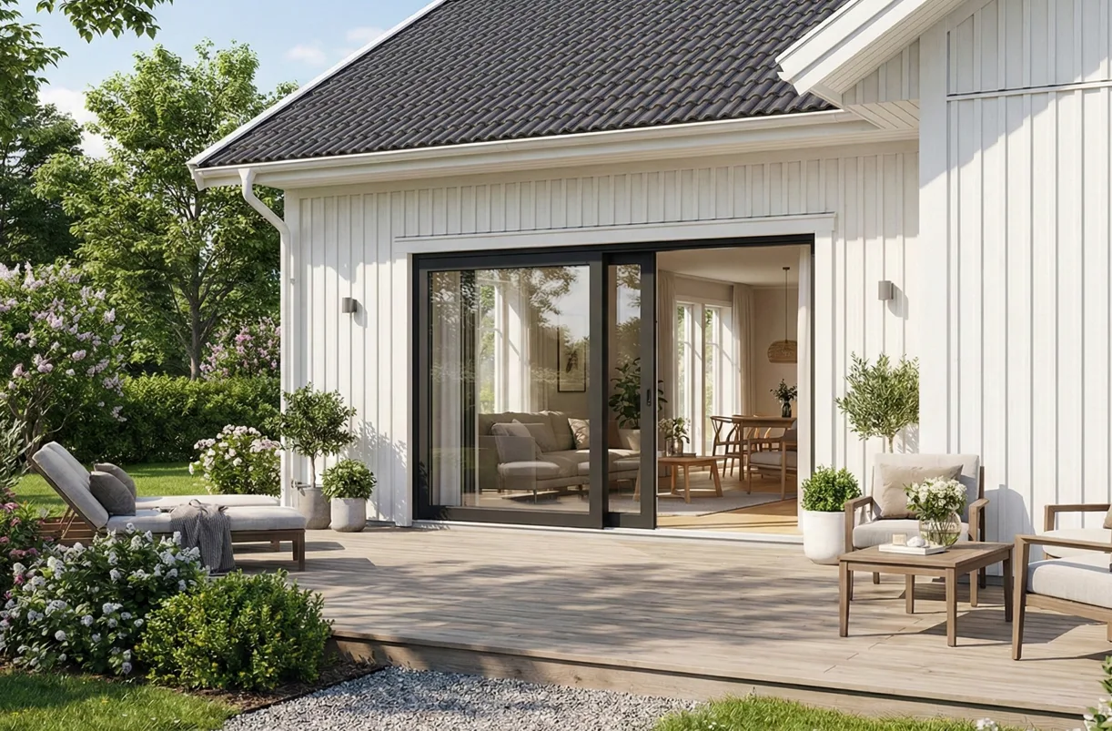 fasadskjutparti från expodul uterum iglo HS på vitt hus