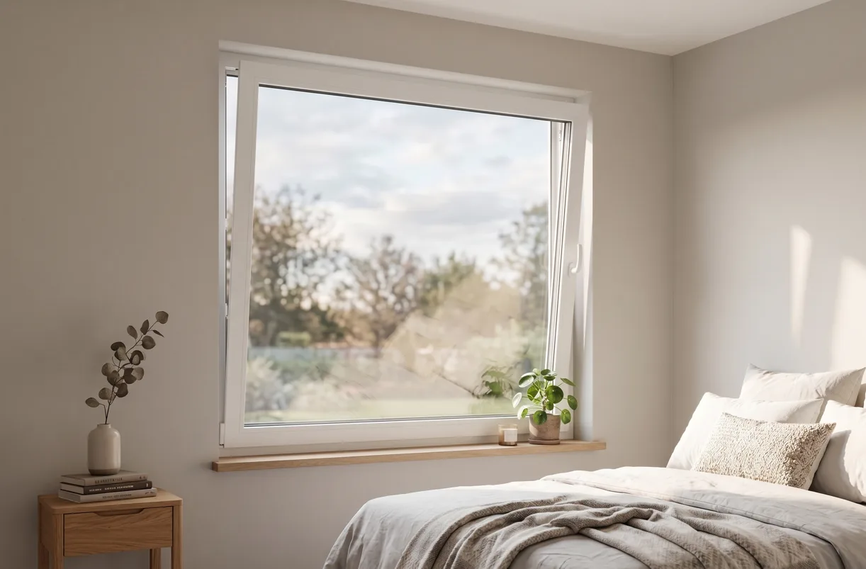 produktbild av iglo edge pvc fönster öppet med vädringsfunktion