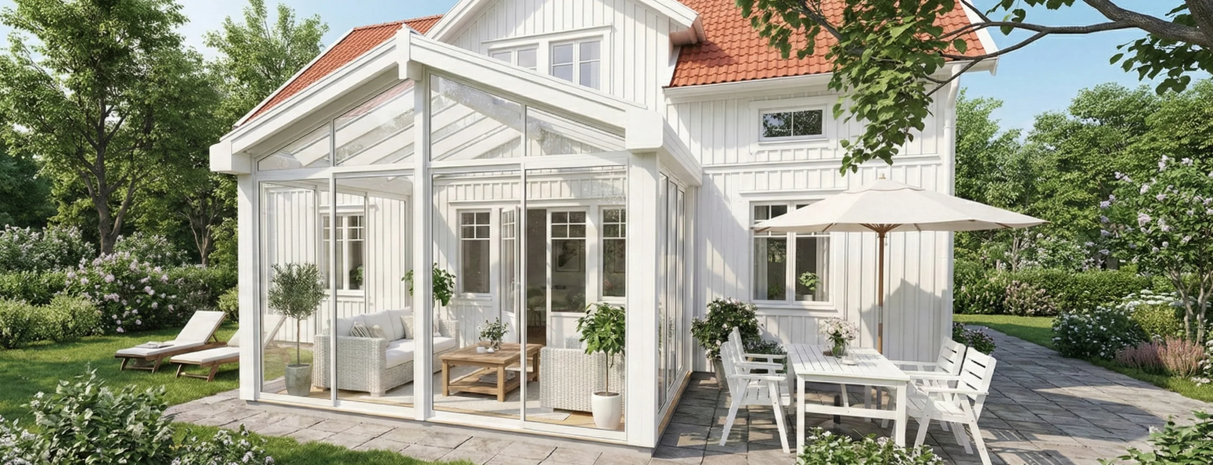 expodul uterum i aluminium exal nordic 140 sadeltak vit i sommarmiljö