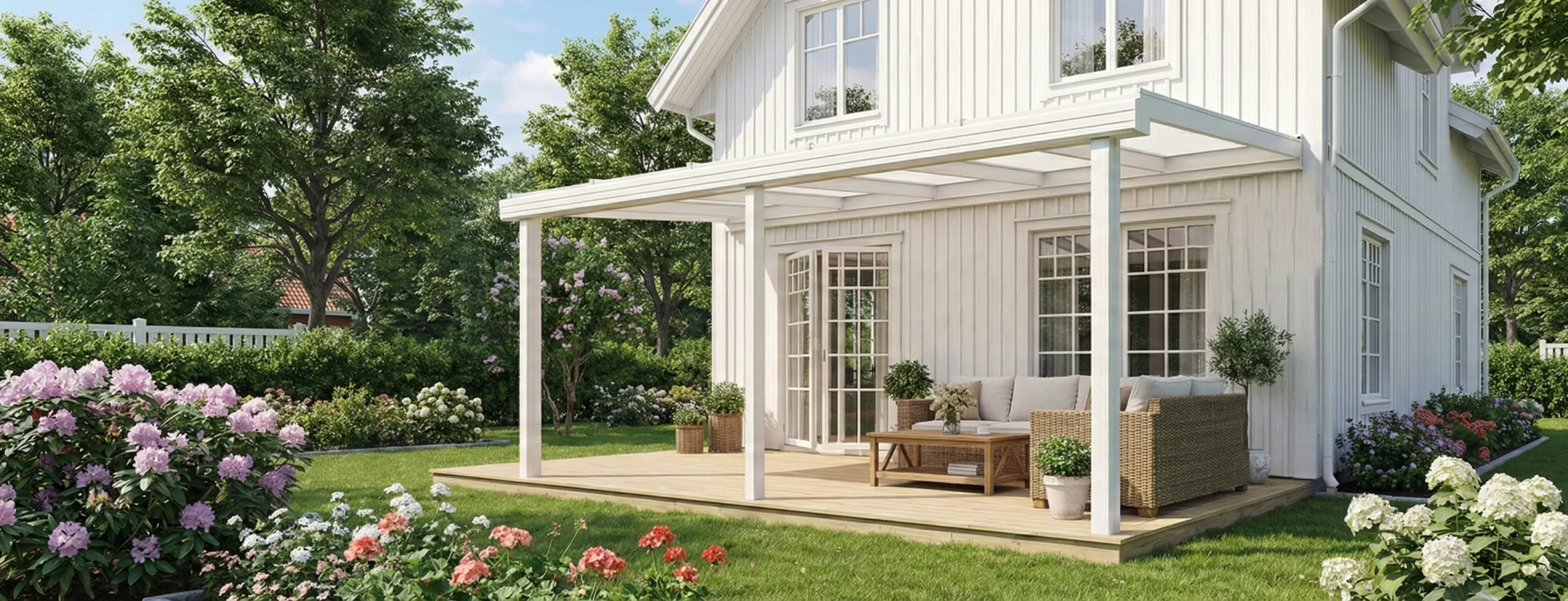 expodul uterum skärmtak altantak i aluminium exal nordic 140 pulpettak vit i sommarmiljö