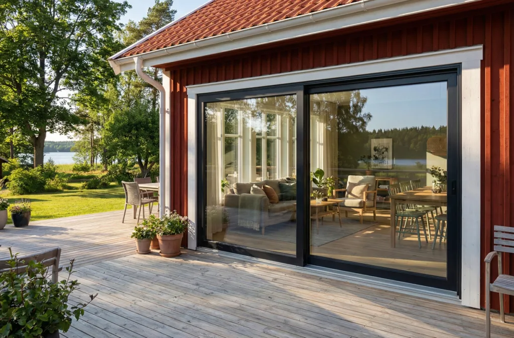 kategoribild fasadpartier för villan exteriörbild av ett mörkgrått skjutparti vi ett rött hus med vita knutar