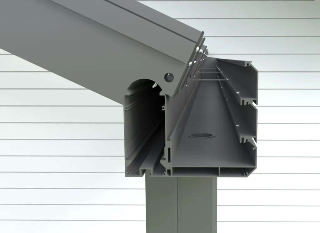 detaljbild av vit aluminiumstomme exal nordic 140 ränna med integrerad takavattning